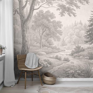 Monochrome Sepia Forest Wall Mural – Scenic Vintage Nature Wallpaper - Traditional / Peel and Stick - Classic Pastoral Tree Landscape Mural