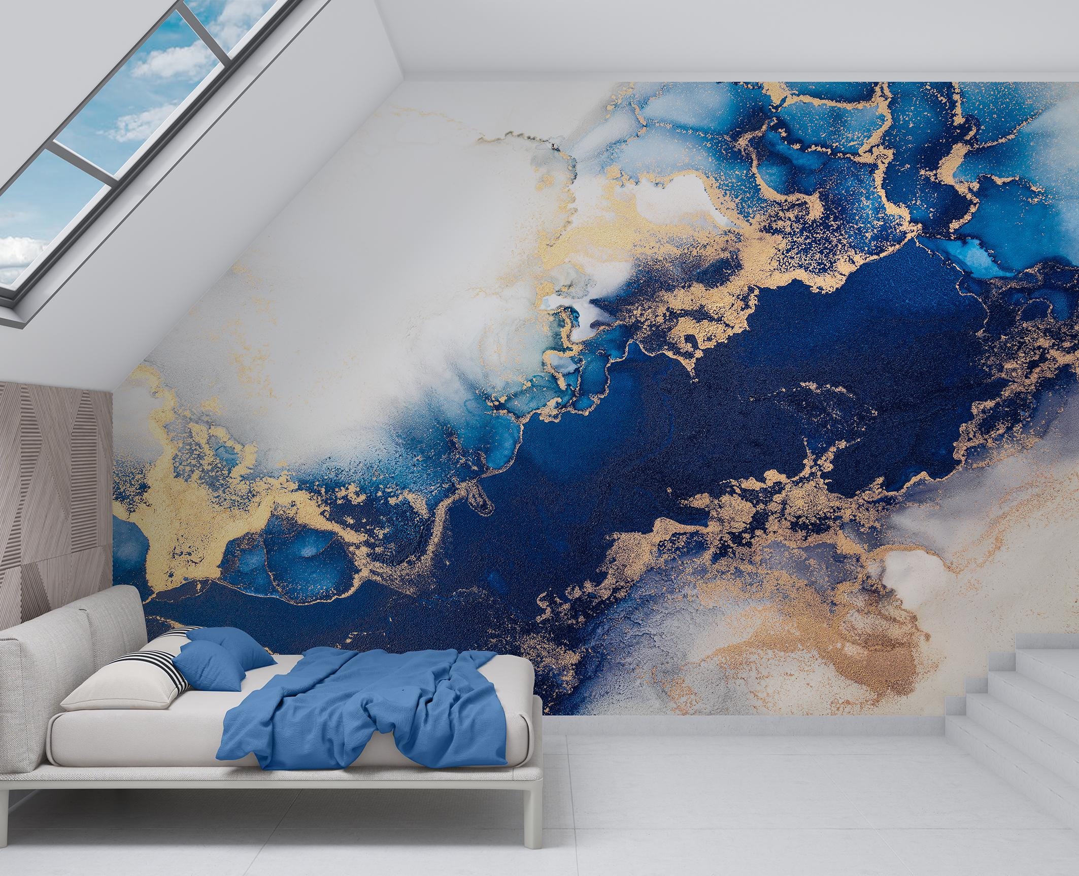 Blue Marble Wallpaper Mural, Navy Abstract Wall Art, Fluid Art Peel and ...