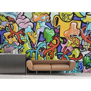 Carta da parati moderna con graffiti: arte urbana accattivante per soggiorno, ufficio o spazio per adolescenti, carta da parati colorata e vivace, staccabile e attaccabile.