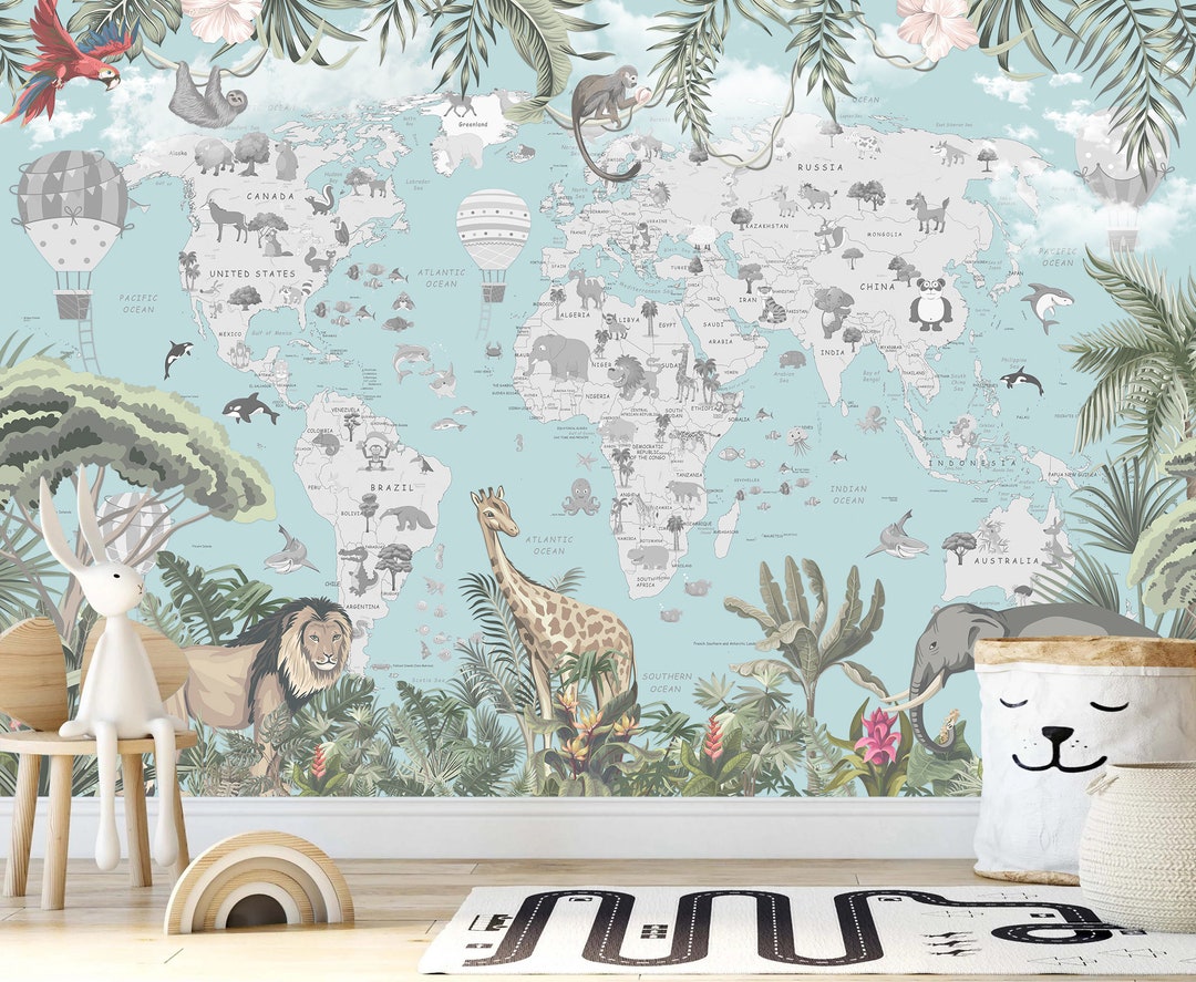 Kids Room Wall Mural Child World Map Safari Wallpaper Peel and Etsy