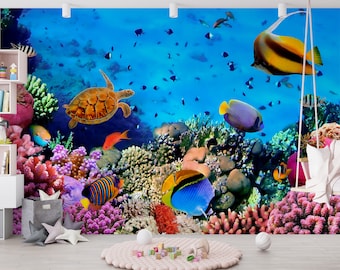 Underwater Mural Wallpaper Fishes Wallpaper Sea Life Wallpaper Peel and Stick Sea Animals Wall Decal Coral Reef Large Wall Print Decor