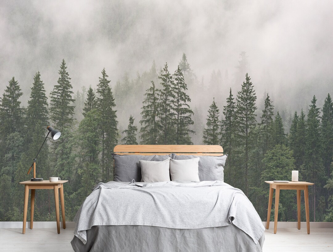 Foggy Forest Mural Wallpaper Peel and Stick Misty Trees Neutral