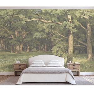 Woodland Landscape Wall Mural – Lush Green Trees Vintage Painting Wallpaper Nature Mural Serene Forest Wallpaper Peel & Stick / Traditional
