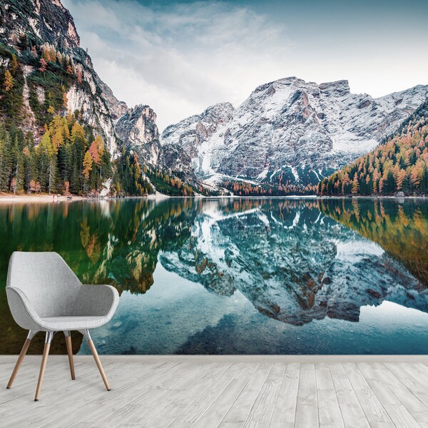 Mountain Lake Mural Wallpaper | Misty Forest Landscape main image 1