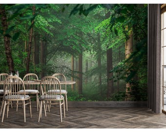 Forest Wallpaper Mural: Green Trees, Woodland Peel and Stick
