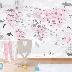 Rosa Weltkarte Wandbild Kinder Tapete Spielzimmer Kinderzimmer Wand Dekor Schälen und aufkleben Baby Tapete Tapete Tierkarikatur Kinder Wandbild