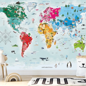 Helle Farben Kinder Weltkarte auf selbstklebender Vinyl oder traditioneller Tapete - Kinderzimmer Wandbild Welt Lernbild Schul Klassenzimmer Dekor