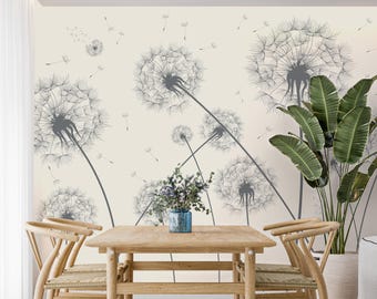 Minimalist Dandelion Wallpaper - Beige Ivory Floral Botanical Wall Decor Bedroom, Living Room Wallpaper Peel & Stick