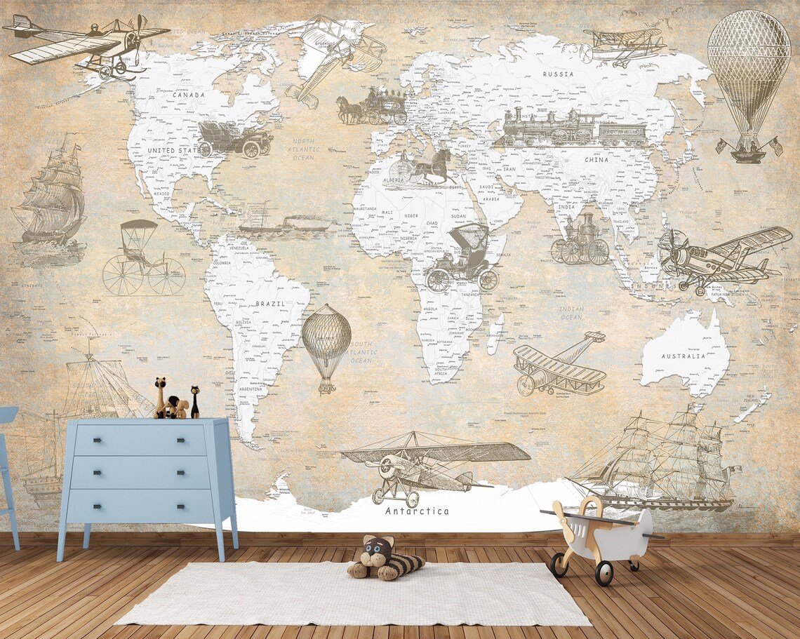 World Map Wallpaper Peel and Stick Selfadhesive Matte Vinyl Etsy