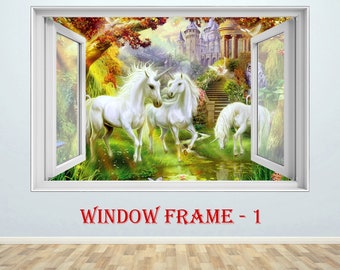 Unicorn 3D Window Wall Decal, Fantasy Castle Wall Sticker, Magical Unicorn Kids Room Decor