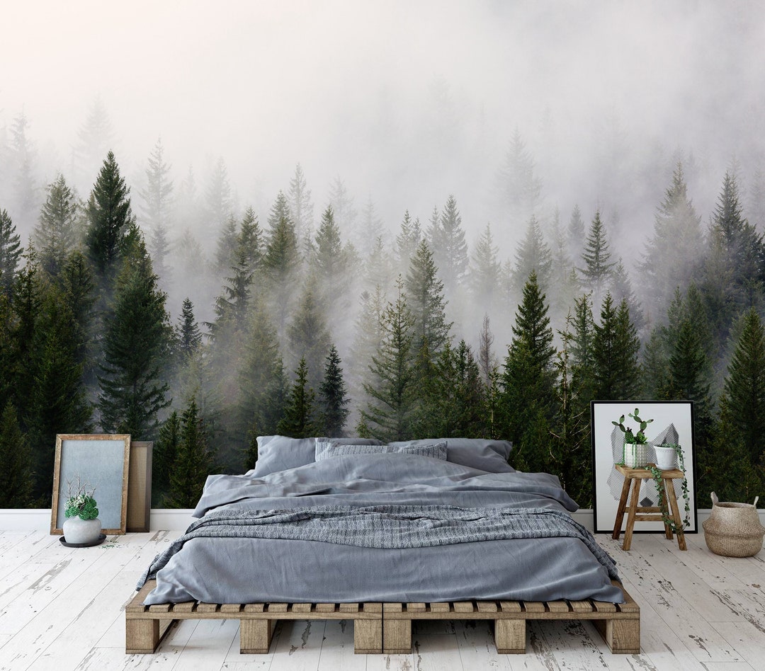 Foggy Forest Wallpaper Peel and Stick Misty Woodland Wall Mural Forest ...