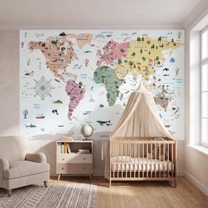 May include: A large wall mural featuring a colourful world map with illustrations of animals, landmarks, and hot air balloons across continents. The map includes a compass rose on the left side and labels for oceans and major regions in English text.