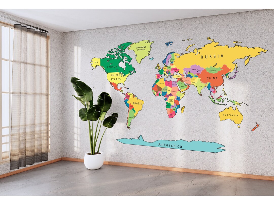 Large World Map Decal Detailed Political Map Wall Sticker Colorful Map