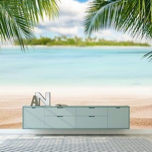 Papel de parede de praia tropical – Mural relaxante com vista para o mar e palmeiras Arte de parede paradisíaca costeira para decoração de home office Papel de parede removível e adesivo