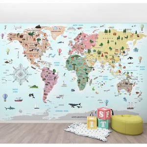 Carta da parati con mappa del mondo per bambini - murale educativo con animali e punti di riferimento - stacca e attacca / carta da parati tradizionale per bambini