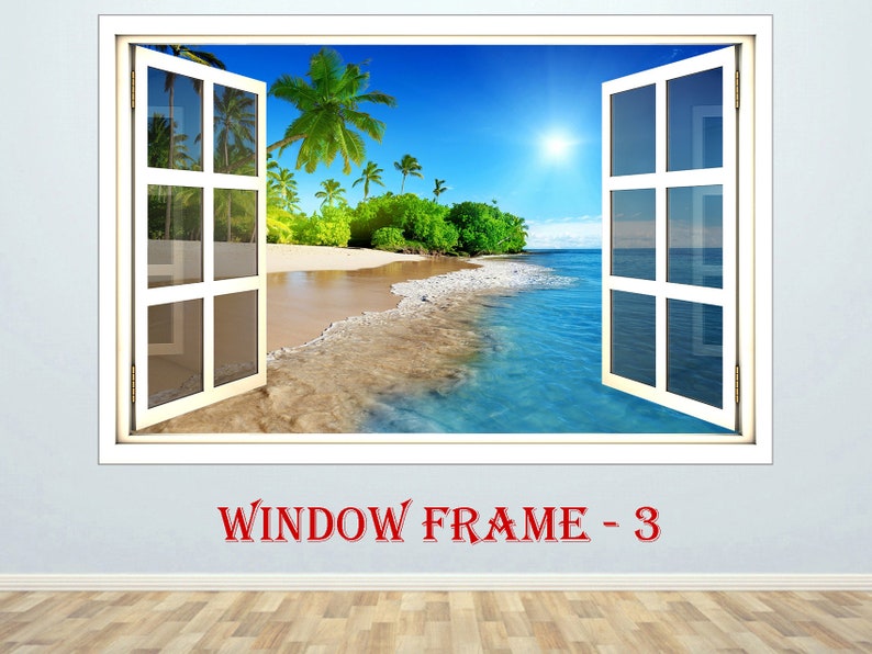 3D Window Beach Sea Wall decor Vinyl Poster Nature 3D Window view Wall decal Window effect Wall sticker Prints Poster Window sticker