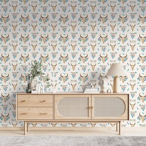 Carta da parati Wild West Western Wall Mural Peel and Stick / Carta da parati tradizionale vintage Native American Boho Longhorn Cow Skull con piume