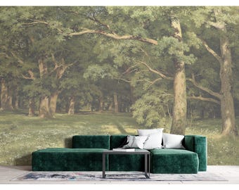 Woodland Landscape Wall Mural Lush Green Trees Vintage Painting Wallpaper Nature Mural Serene Forest Wallpaper Peel & Stick / Traditional