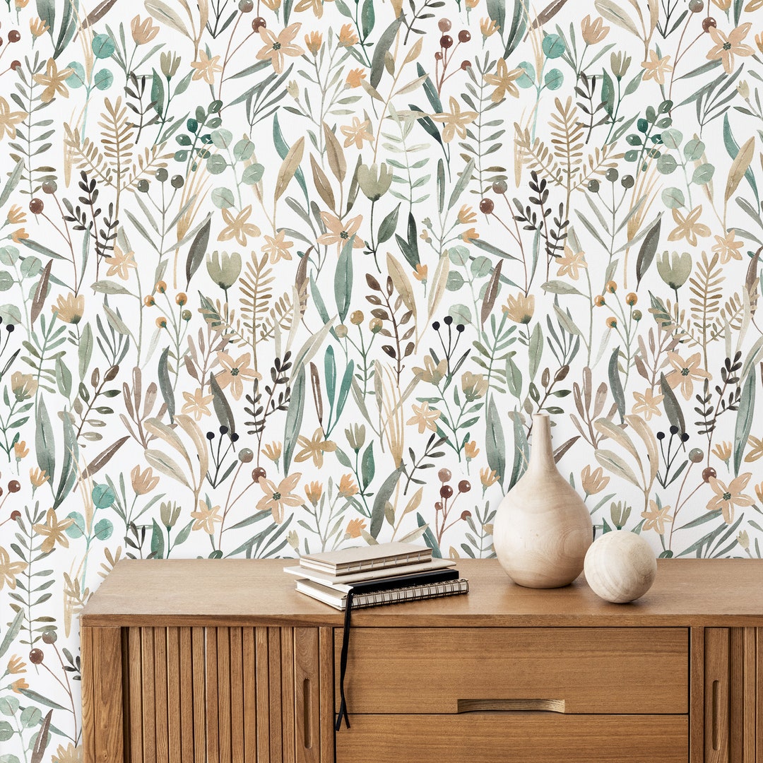 Wildflowers Peel and Stick Wallpaper Watercolor Cottagecore Wallpaper