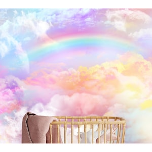 Colored Clouds Rainbow Sky Aesthetic Wall Mural Wallpaper Peel and Stick Kids Room Wallpaper Baby Room Abstract Pinkish Clouds Wallpaper