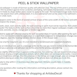 May include: Informative text about peel and stick wallpaper, made of German self-adhesive vinyl. The text describes the product's features, including its protective lamination, waterproof qualities, and suitability for various environments. It also provides application instructions.