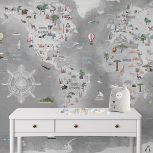 Papier peint enfant gris aquarelle carte du monde papier peint autocollant - décoration murale pour chambre d'enfant - dimension personnalisée - cadeau personnalisé - W-898