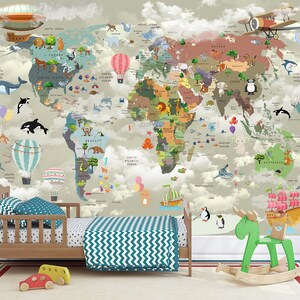 May include: A wall mural featuring a colorful world map with illustrations of animals, hot air balloons, airplanes, and ships set against a cloudy sky background. The map displays continents and oceans with various cartoon creatures placed across regions.