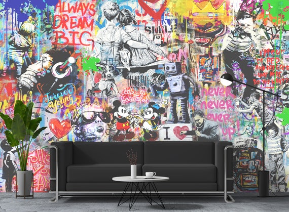 Funky Graffiti Wallpaper: Colorful Urban Street Art Mural, Peel and Stick, Custom Size Print