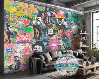 Colorful Graffiti Wall Mural Urban Pop Art Wallpaper for Modern Teen Rooms
