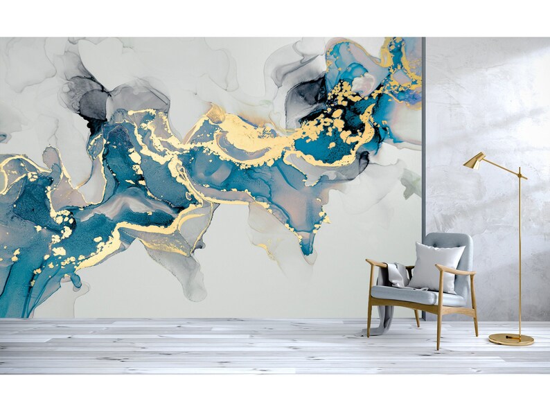 Peel and Stick Wallpaper Abstract Marble Wall Mural Blue Etsy