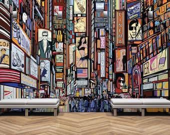 Pop Art City Illustration Mural Wallpaper New York Times Square Wall Print Office Living Room Bedroom Decor