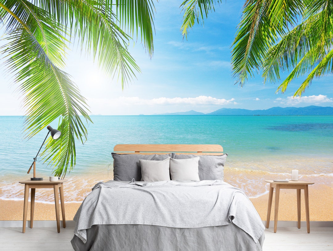 Exotic Sea Island Beach Wallpaper Palm Trees Wall Mural Peel and Stick ...