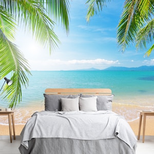 Carta da parati esotica con palme, isola del mare, spiaggia, murale, carta da parati autoadesiva in vinile, carta da parati con vista tropicale sulla spiaggia e sulla costa