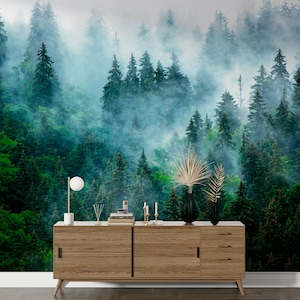 Foggy Mountain Forest Wallpaper Peel and Stick Wall Mural Misty Forest Wallpaper Green Trees Wallpaper Lush Pine Forest Greenery Wallpaper