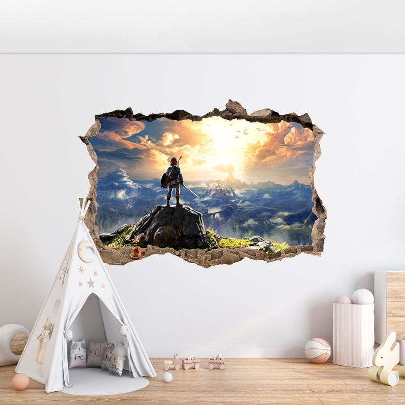 Puede incluir: Un vinilo decorativo con efecto 3D de un agujero en la pared que revela un paisaje. Una figura se encuentra sobre un afloramiento rocoso con vistas a una vasta cadena monta&ntilde;osa bajo un cielo dorado de atardecer con nubes y estructuras.