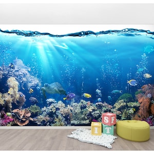 Carta da parati murale con pesci della barriera corallina, carta da parati staccabile e adesiva o tradizionale, mare, oceano, vita sottomarina, carta da parati con pesci colorati, decorazione da parete subacquea