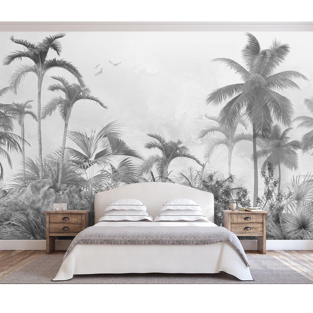 Black and White Tropical Rainforest Mural Wallpaper – Peel and Stick ...