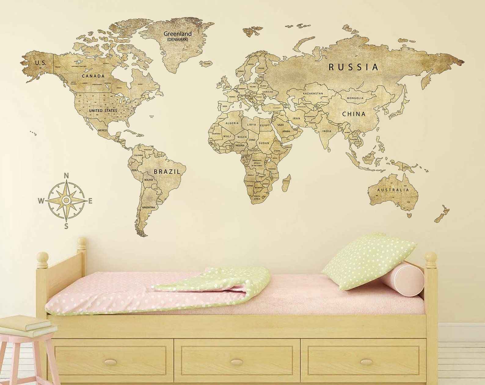 Vintage World Map Decal Wall Print Large Wall Art Decal Art Etsy