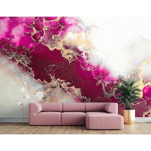 Hot Pink Mural Wallpaper Peel and Stick / Traditional - Glamour Abstract Marble Pink Wallpaper Modern Girl Room Wallpaper Print