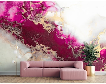 Hot Pink Mural Wallpaper Peel and Stick / Traditional - Glamour Abstract Marble Pink Wallpaper Modern Girl Room Wallpaper Print