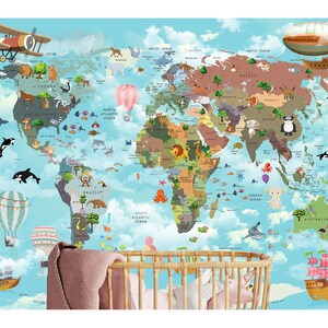 May include: A colorful world map with animals and landmarks, surrounded by clouds, hot air balloons, and a blimp. The map is on a blue background with white clouds.