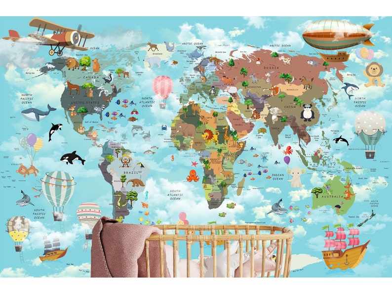 May include: A colorful world map with animals and landmarks, surrounded by clouds, hot air balloons, and a blimp. The map is on a blue background with white clouds.