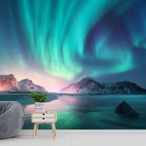Carta da parati aurora boreale Carta da parati staccabile e incolla Carta da parati per camera da letto Aurora boreale Cielo notturno Paesaggio invernale Carta da parati con luci polari