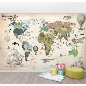 Wandbild Kinder Tapete zum Schälen und Aufkleben Tierweltkarte Vintage Spielzimmer Kinderzimmer Wanddekor Große Wandaufkleber Kinder Karte der Welt
