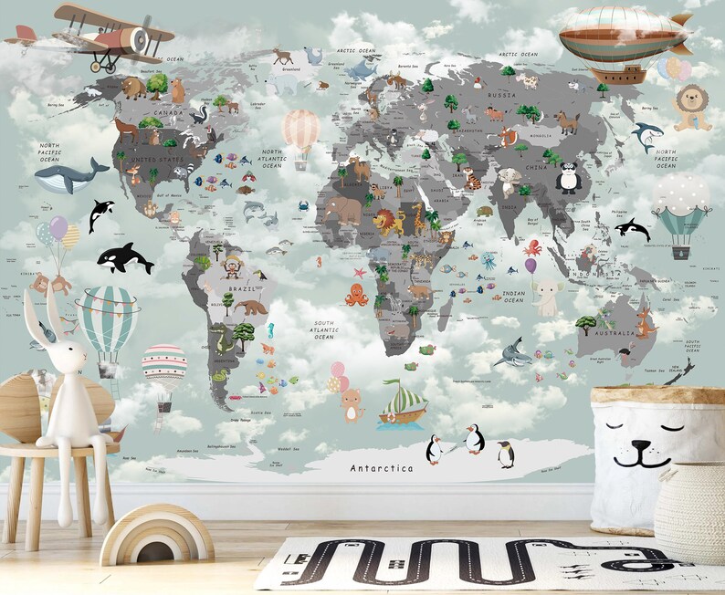 Peel and Stick Childrens Map Wall Mural Wallpaper Child World Etsy