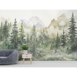 Papier peint aquarelle forêt et montagne, nature pittoresque, décoration de salon, papier peint pour chambre d'enfants, forêt de pins brumeux, papier peint autocollant