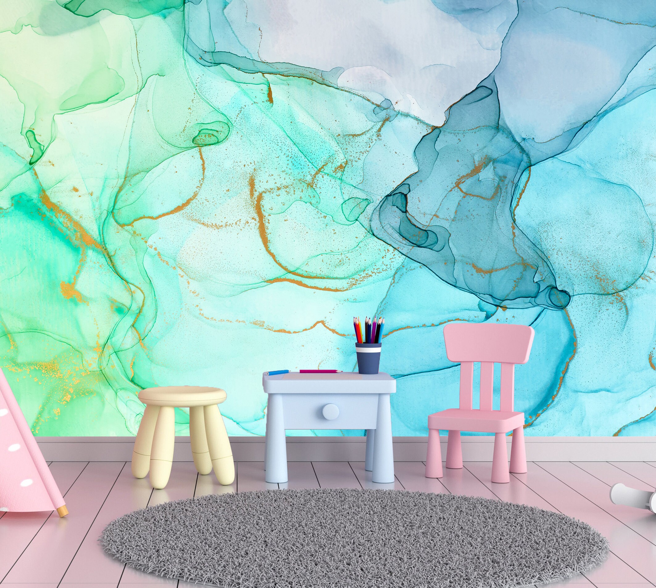 Abstract Wall Mural Blue Green Colors Modern Design Peel & Etsy