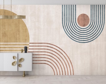 Boho Geometric Lines Wallpaper | Circular Abstract Wall Mural for Bedroom & Living Room | Beige Minimalist Decor | Custom Sizes Available