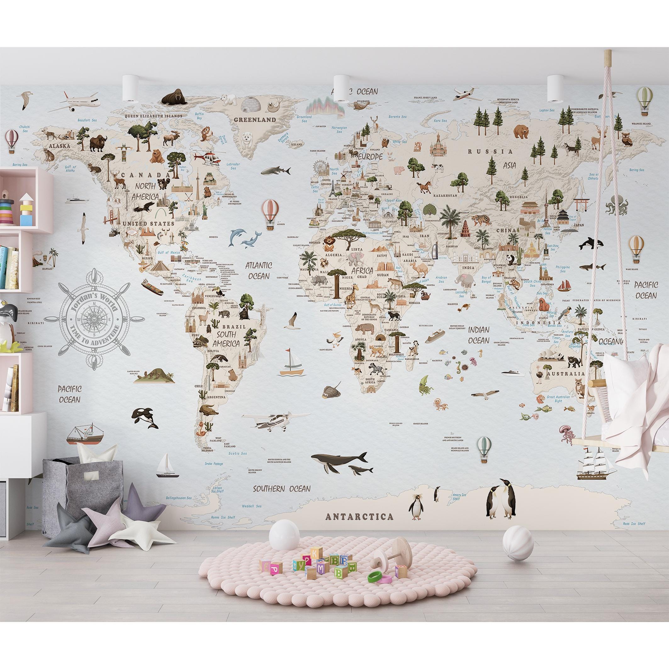 Custom Animal World Map Wallpaper for Kids | Educational Peel and Stick ...