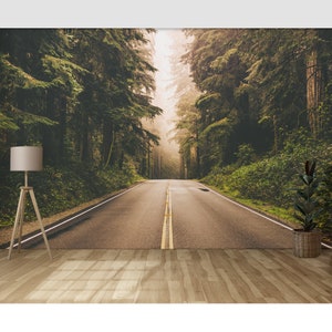 Redwood Forest Road Wall Mural Wallpaper Peel and Stick / Traditional Living Room Office Accent Wall Decor Forest Tree Scene Wallpaper Mural